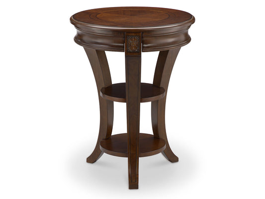 Winslet Oval End Table in dark walnut with carved apron and tiered shelf by Unique Piece on Tampa Home & Garden Store