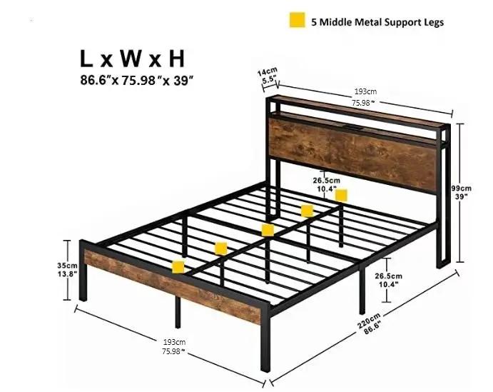 Estructura de cama metálica extra grande con cabecero y piecero de madera, FORRO USB, luces LED