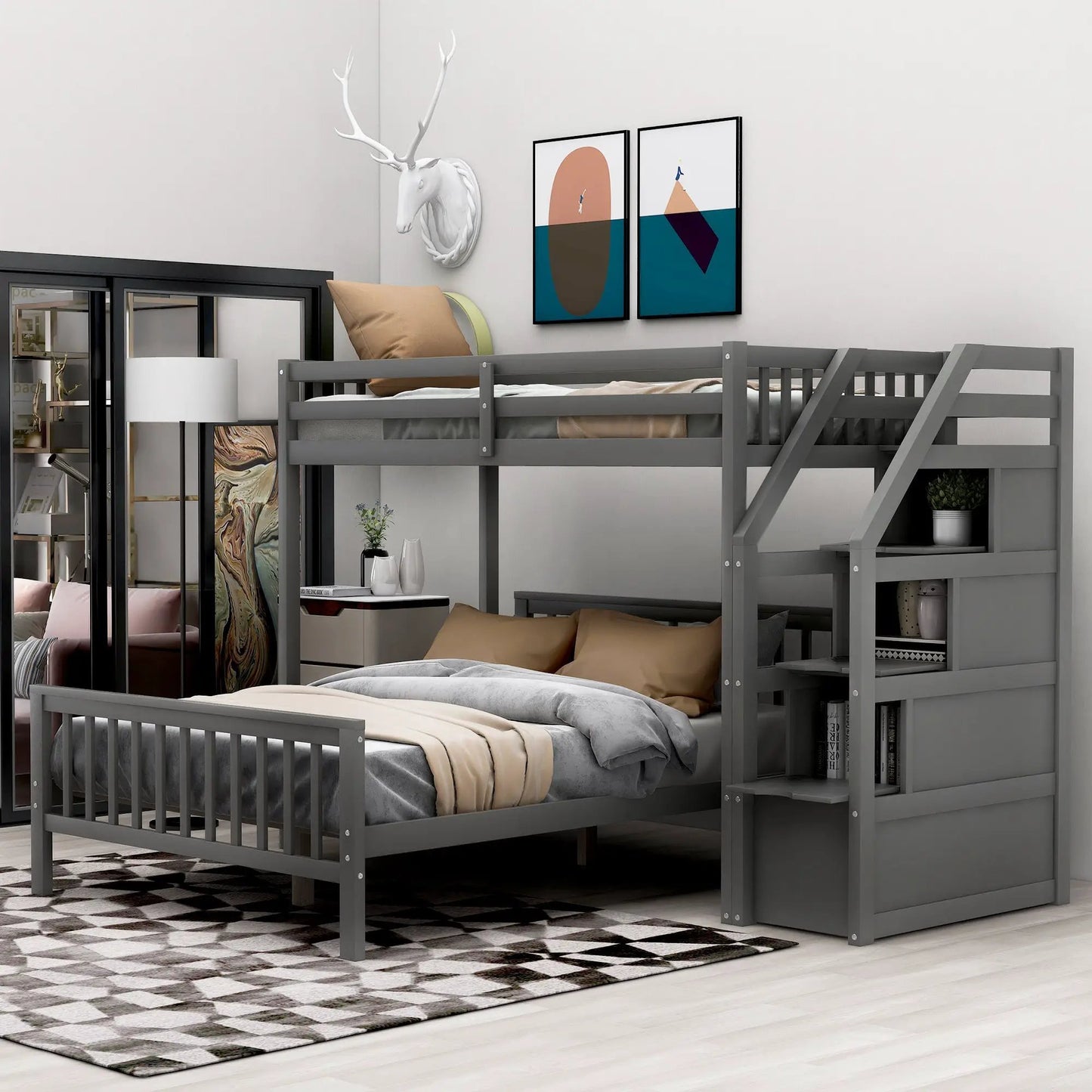 Twin over full gray loft bed with staircase, metal frame and built-in storage shelves on Tampa Home & Garden Store