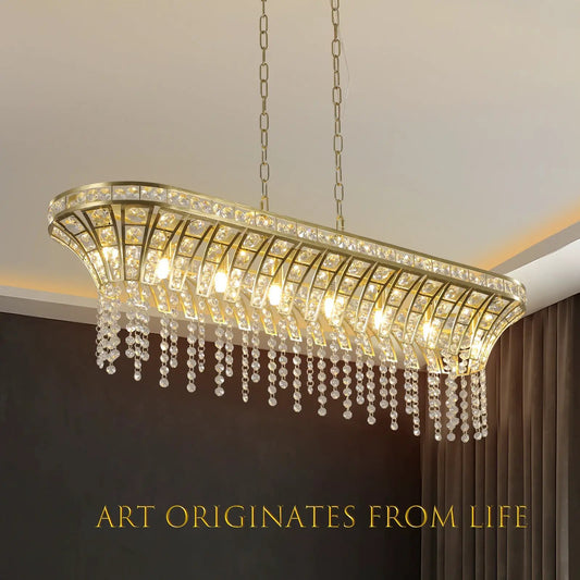 Champagne gold oval crystal kitchen island light chandelier with hanging crystals on Tampa Home & Garden Store