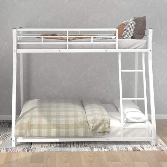 White metal bunk bed twin over full with ladder, beige plaid bedding and pillows on Tampa Home & Garden Store