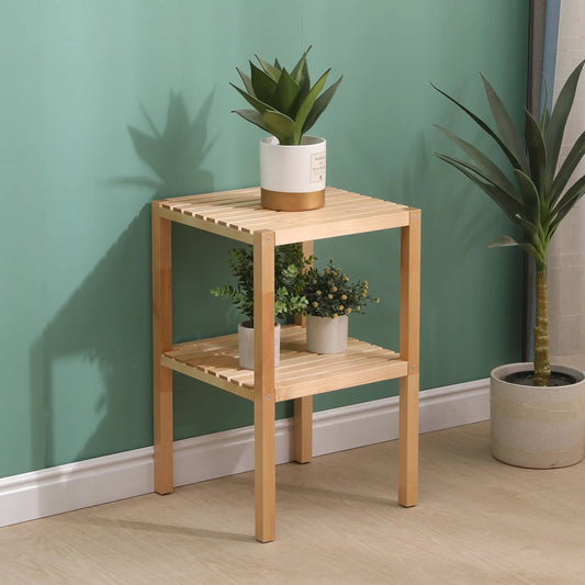 Birch 2 Tier Bathroom Shelf Narrow Corner Rack with wood slatted shelves and plants on Tampa Home & Garden Store
