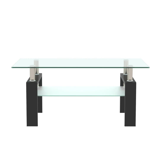 Rectangle black glass coffee table with two glass tiers and thick black square legs on Tampa Home & Garden Store