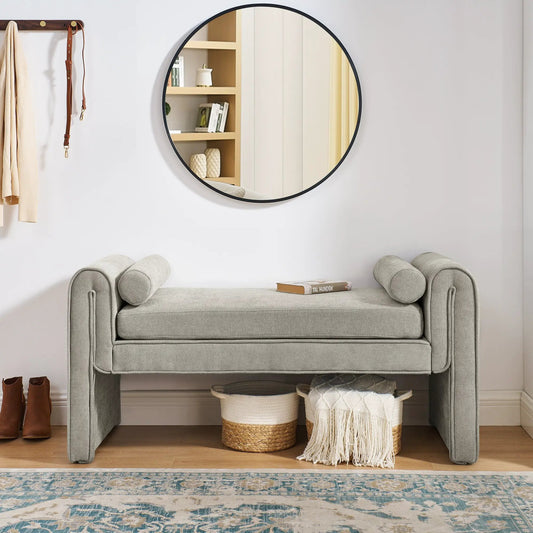 Grey upholstered bedroom linen storage stool with large under-seat space, modern minimal decor on Tampa Home & Garden Store