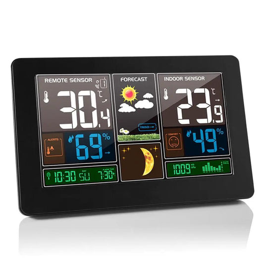 Color screen weather desk clock with black frame and panel display showing indoor temp on Tampa Home & Garden Store