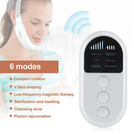 Wireless facial massager with EMS; white wearable neck massager and handheld remote control on Tampa Home & Garden Store