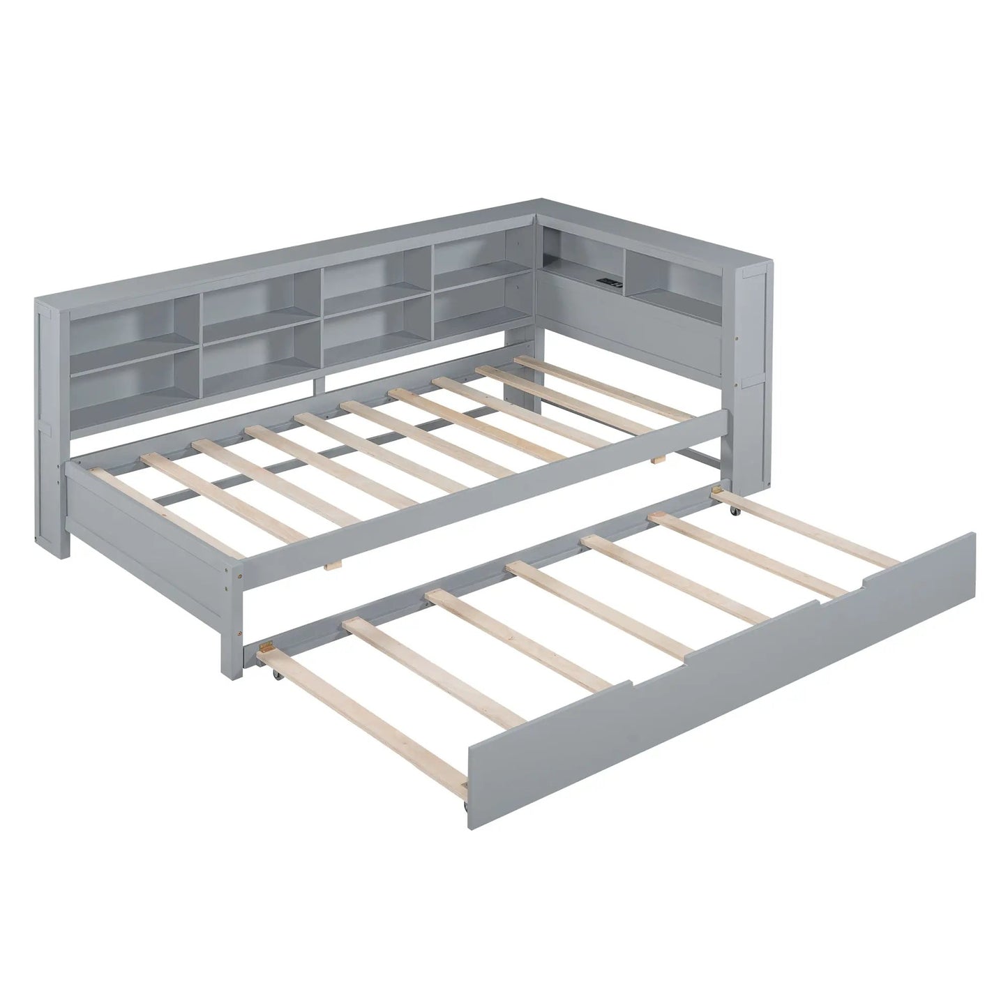 Gray wooden twin daybed with trundle, USB ports and cubby shelves on Tampa Home & Garden Store