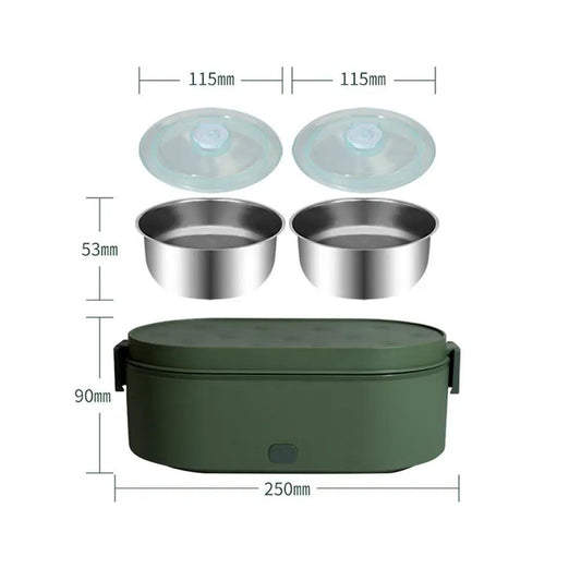 Power Bank USB Self Heating Lunch Box Warmer green base with 2 stainless bowls and lids VIP on Tampa Home & Garden Store