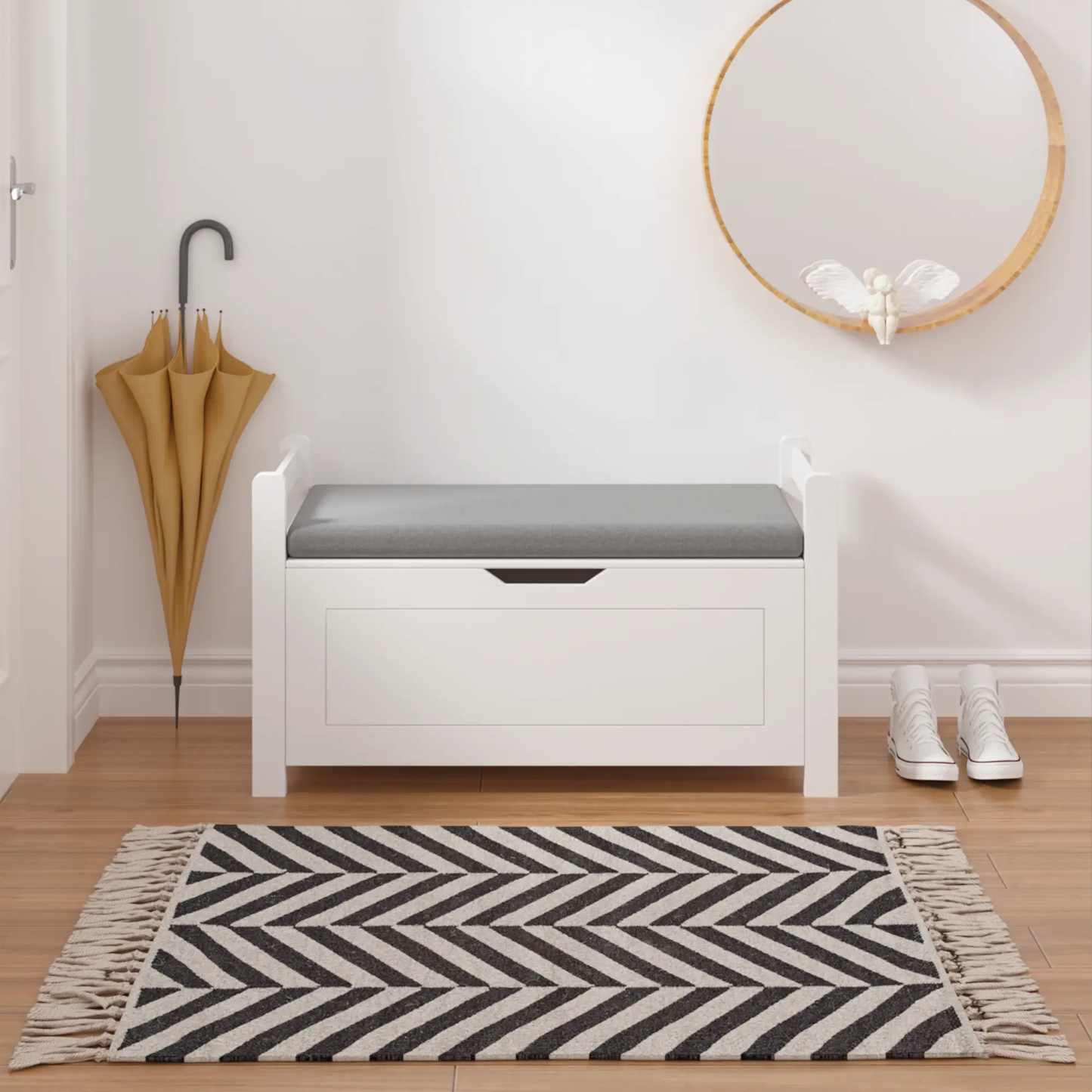 White MDF toy chest with gray cushioned seat for kids' toy storage on Tampa Home & Garden Store