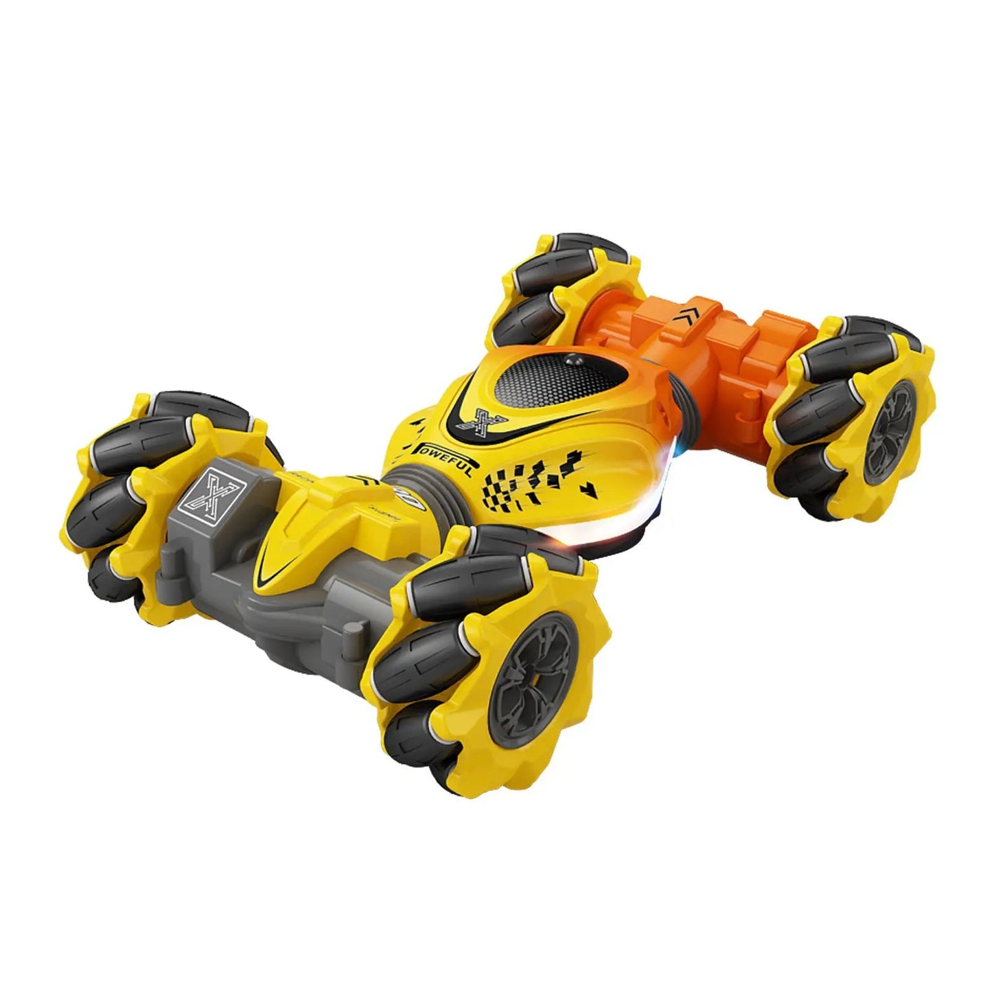 Mini Stunt Twister RC car yellow and orange with oversized black wheels on Tampa Home & Garden Store