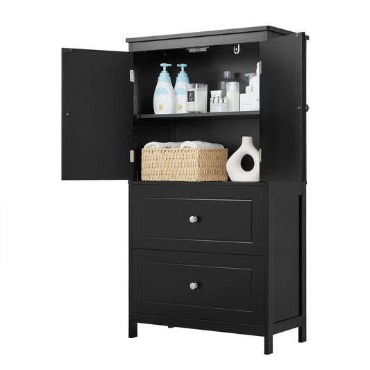 Black bathroom storage cabinet with two doors; shelves hold two blue pump bottles and a basket on Tampa Home & Garden Store
