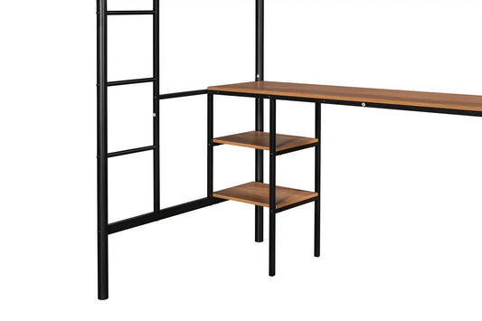 Twin loft bed with table and shelves in black metal frame and brown wood surfaces on Tampa Home & Garden Store
