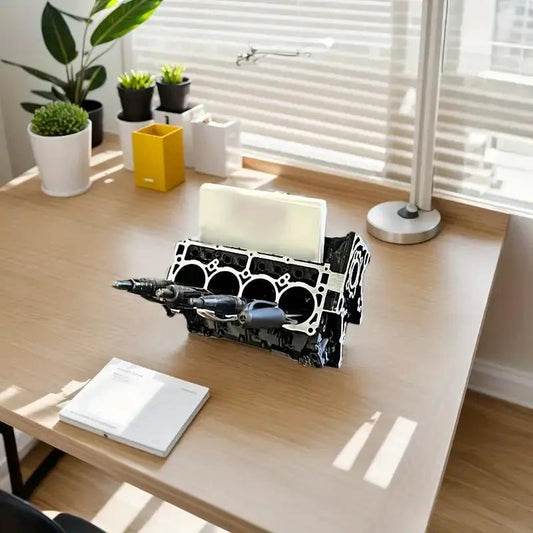 Engine Block desk organizer and card holder with white card tray on a wooden desk on Tampa Home & Garden Store