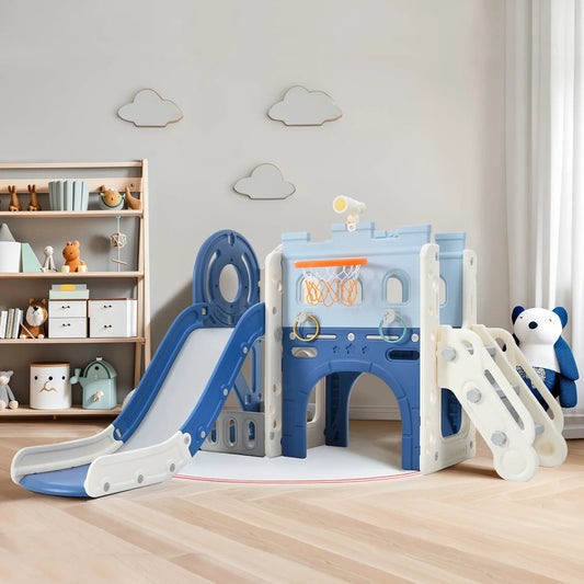 Toddler slide set with pirate ship theme and hoop, blue and white plastic play structure on Tampa Home & Garden Store