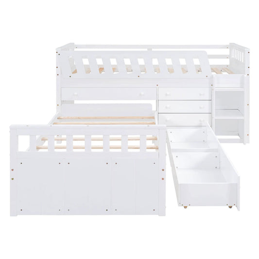 White L-shaped twin loft bed with 7 drawers, staircase and platform storage on Tampa Home & Garden Store