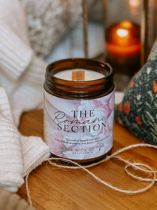 Romance Section Candle with Rose Petals by In the Wick of Time, wooden wick, floral label on Tampa Home & Garden Store