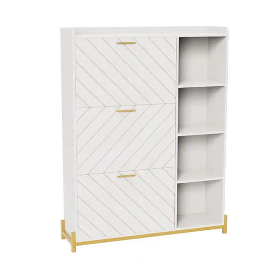 White shoe cabinet with 3 flip drawers and open shelves, chevron-paneled doors, gold handles on Tampa Home & Garden Store