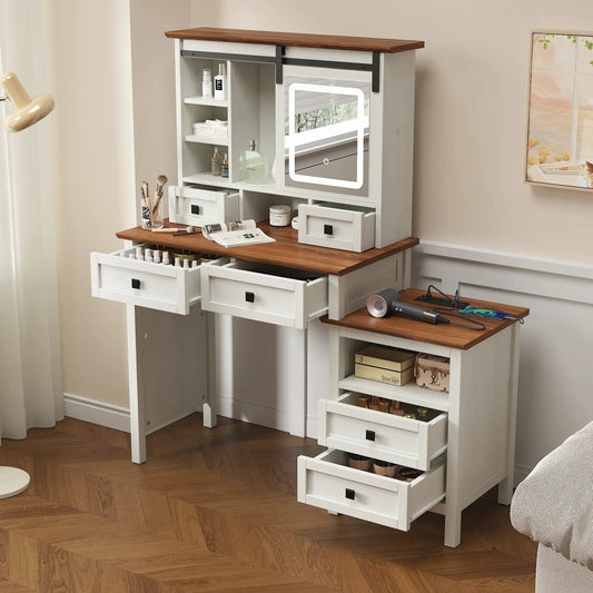 Farmhouse makeup vanity desk with LED mirror, white distressed finish, wood top and drawers on Tampa Home & Garden Store