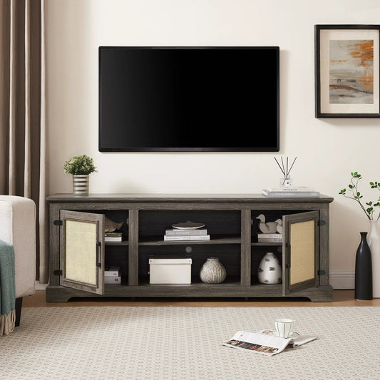 Farmhouse gray rattan TV stand with 2 shelves and woven cabinet doors on Tampa Home & Garden Store