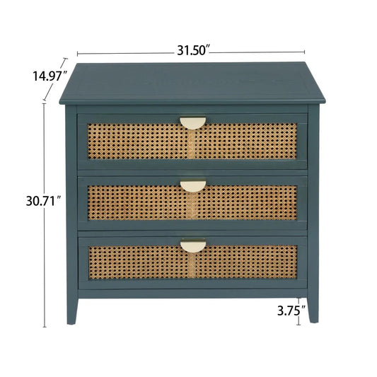 3-drawer teal cabinet with natural woven rattan fronts for living room storage on Tampa Home & Garden Store