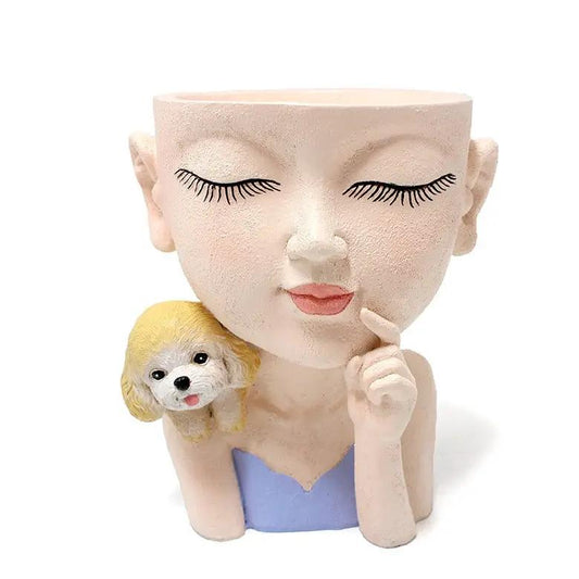 Creative resin succulent plant pot figurine with a beige head bust and a dog on its shoulder on Tampa Home & Garden Store