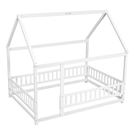 Full-size floor wooden bed with house roof frame, white slat bed for kids, VIP Digital Presence on Tampa Home & Garden Store