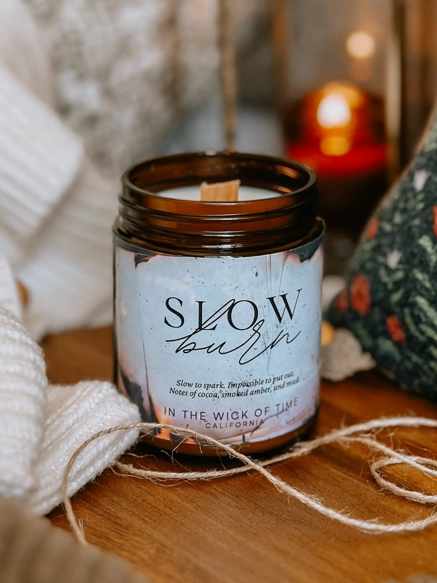 Slow Burn Candle Cocoa Butter Cashmere Musk in wooden-wick jar In the Wick of Time on Tampa Home & Garden Store