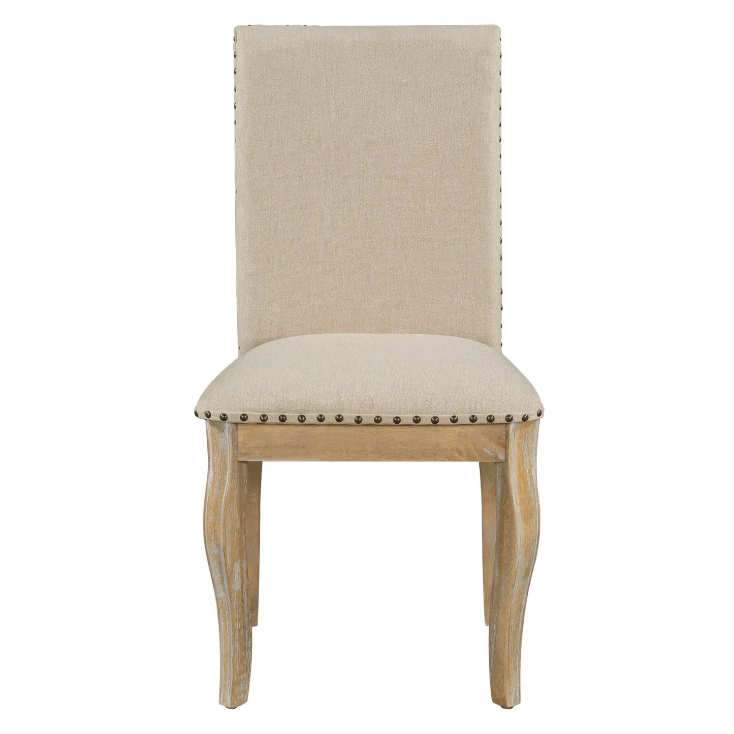 Beige fabric upholstered farmhouse dining chair with nailhead trim and weathered wood legs on Tampa Home & Garden Store