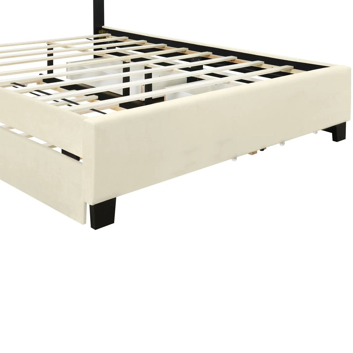 Queen size upholstered platform bed frame with beige fabric and slatted base on Tampa Home & Garden Store