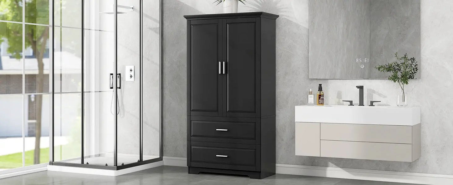 Tall bathroom storage cabinet with two drawers in black finish, chrome handles on Tampa Home & Garden Store