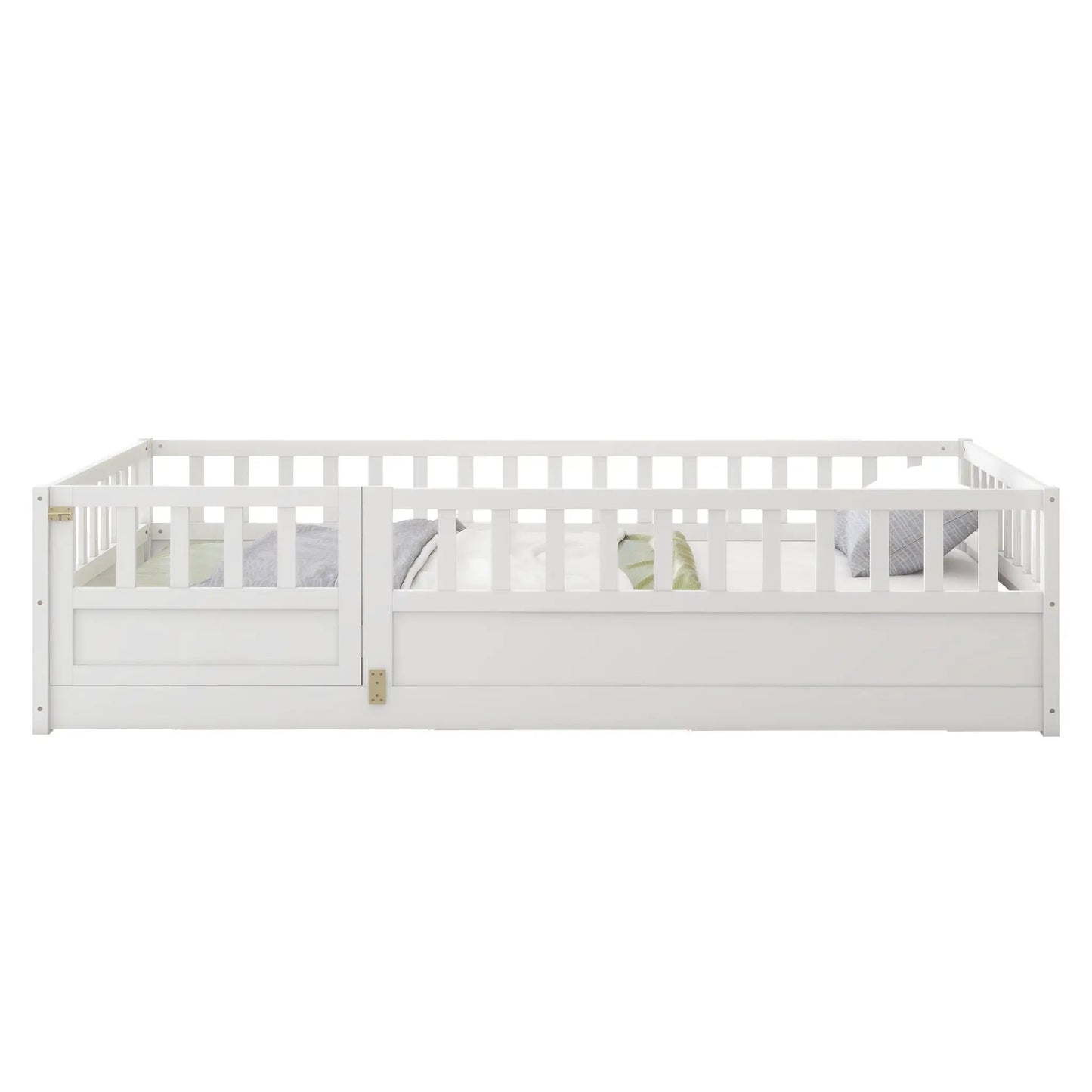 Lit double au sol avec barrière de sécurité ultra-haute, cadre de lit au sol pour enfants, Montessori en bois blanc