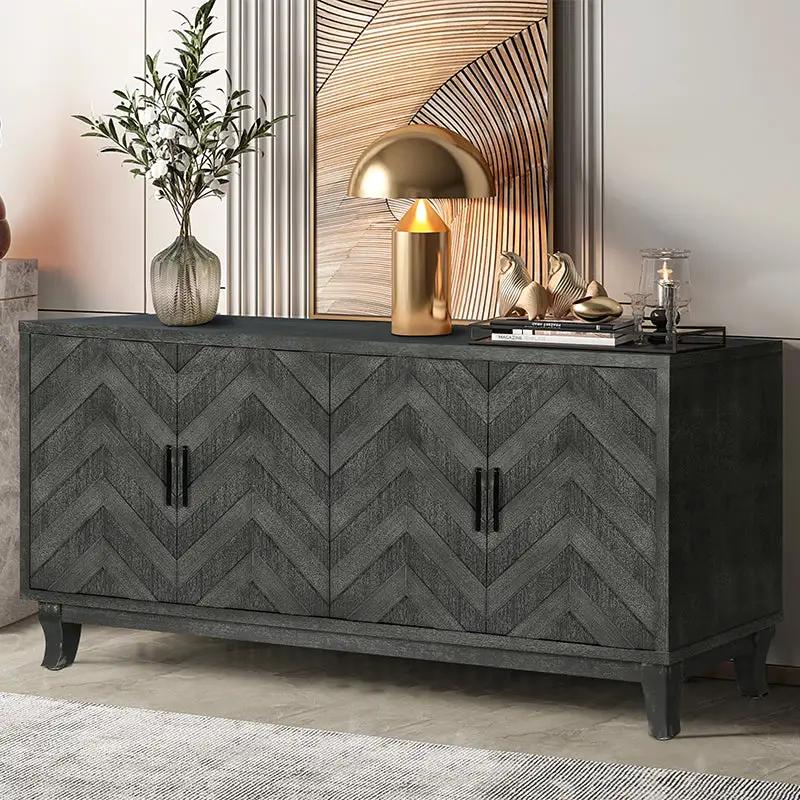 Stronger Vintage Style Buffet Cabinet Taupe Grey with chevron fronts, four doors, black hardware on Tampa Home & Garden Store