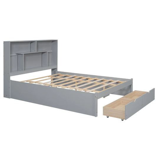 Queen platform bed with gray storage headboard drawers and slat bed frame VIP Digital Presence on Tampa Home & Garden Store