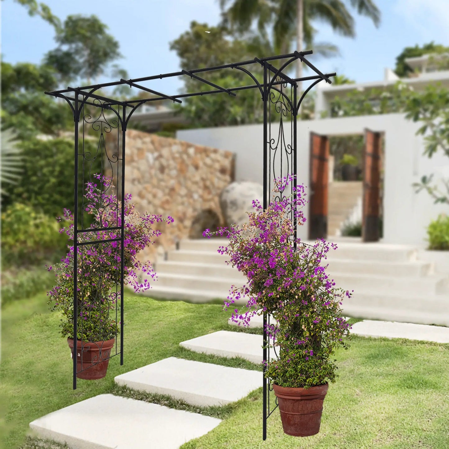 Metal Garden Arch for Climbing Plants Black, pair of ornate scrollwork arches for outdoor garden on Tampa Home & Garden Store