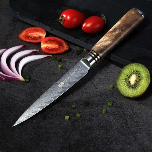 Damascus Shadow Wood Paring Knife 5-inch with fishbone blade and wood handle on Tampa Home & Garden Store