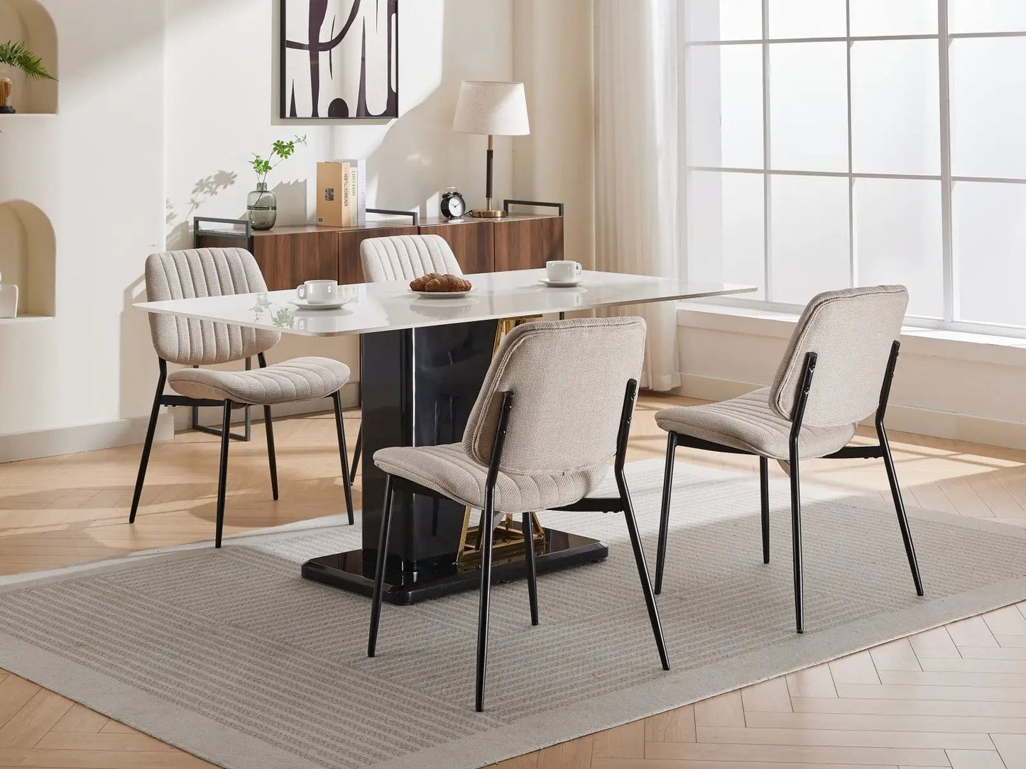 Retro Linen Dining Chairs with Bentwood Back, four beige chairs and black legs around a white table on Tampa Home & Garden Store