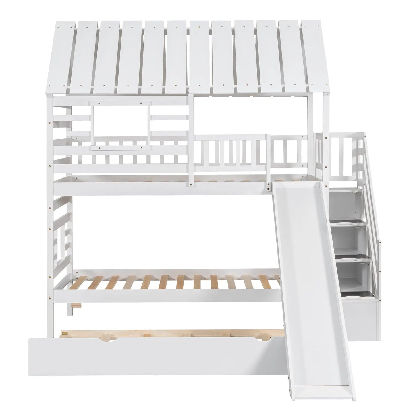Twin over twin house bunk bed with slide white finish built-in ladder and guard rails on Tampa Home & Garden Store