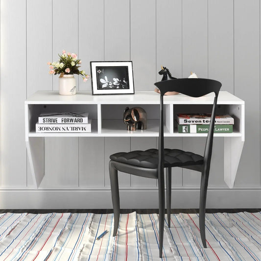 White wall-mounted floating computer desk shelf with cubbies, plant, and books DirectDeals on Tampa Home & Garden Store
