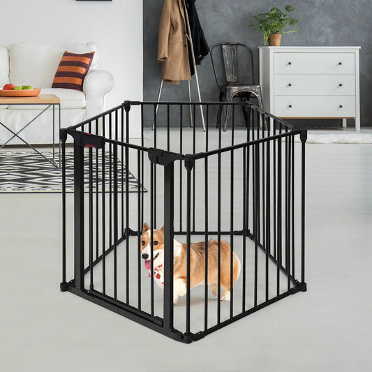 115 Inch 5-Panel Adjustable Fireplace Fence, black metal walk-through pet gate with dog indoors on Tampa Home & Garden Store