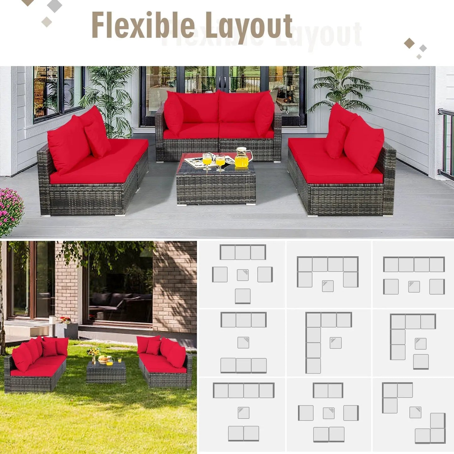 7-piece patio rattan furniture sectional sofa set with red cushions on wicker DirectDeals on Tampa Home & Garden Store
