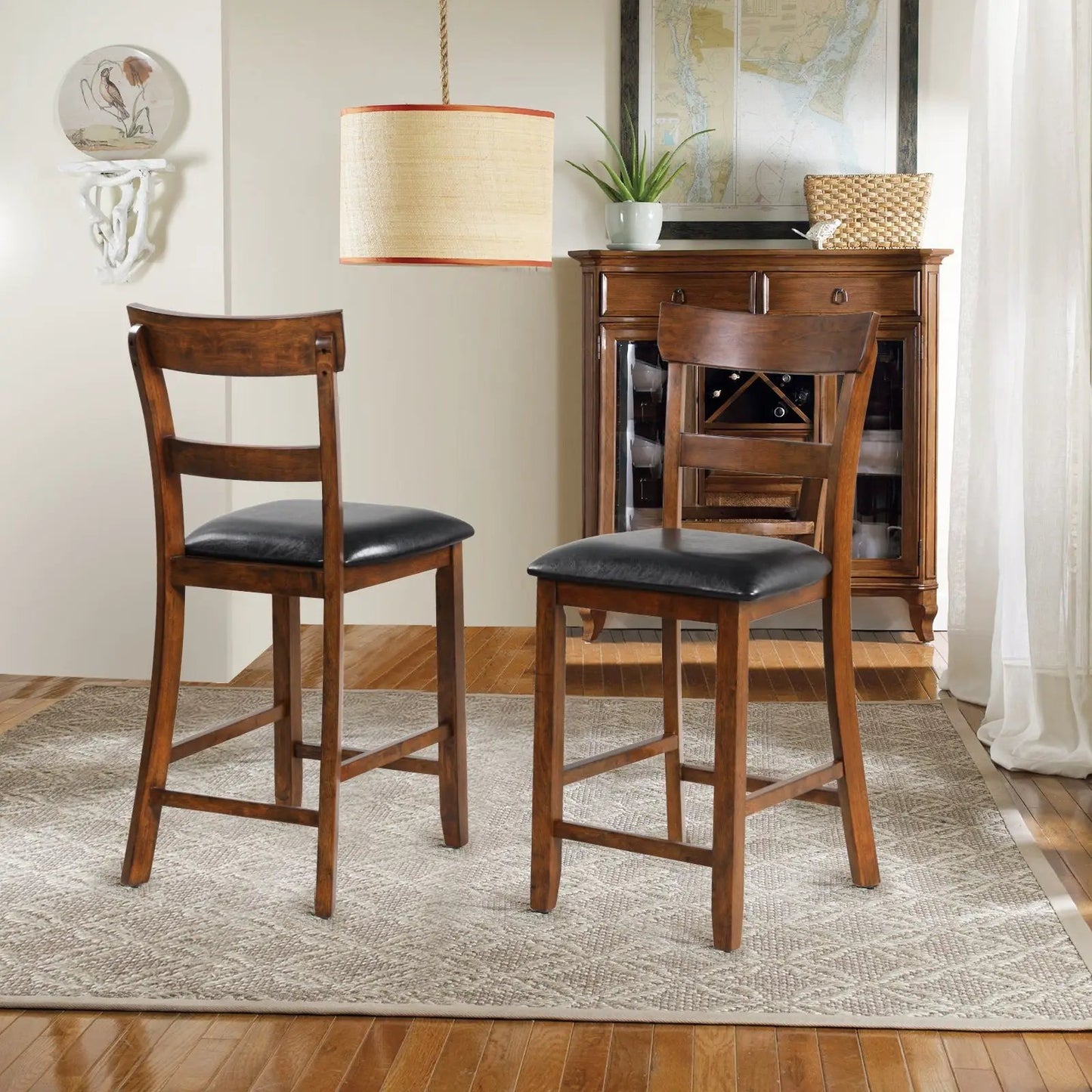 2-piece counter height bar stool set with leather upholstered seats and dark wood legs on Tampa Home & Garden Store
