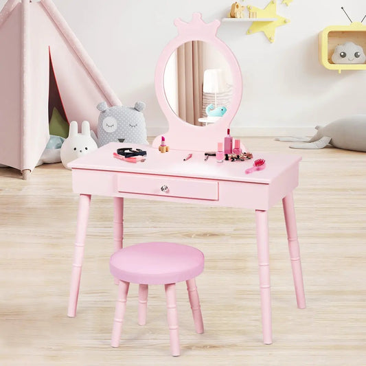 Kids vanity table and chair set in pink with oval mirror and drawer on Tampa Home & Garden Store