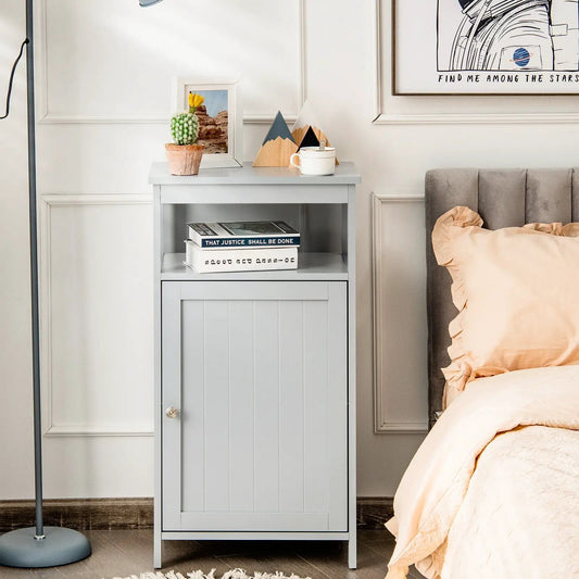 Floor Cabinet Storage Rack Organizer in gray finish with beadboard door and open shelf on Tampa Home & Garden Store