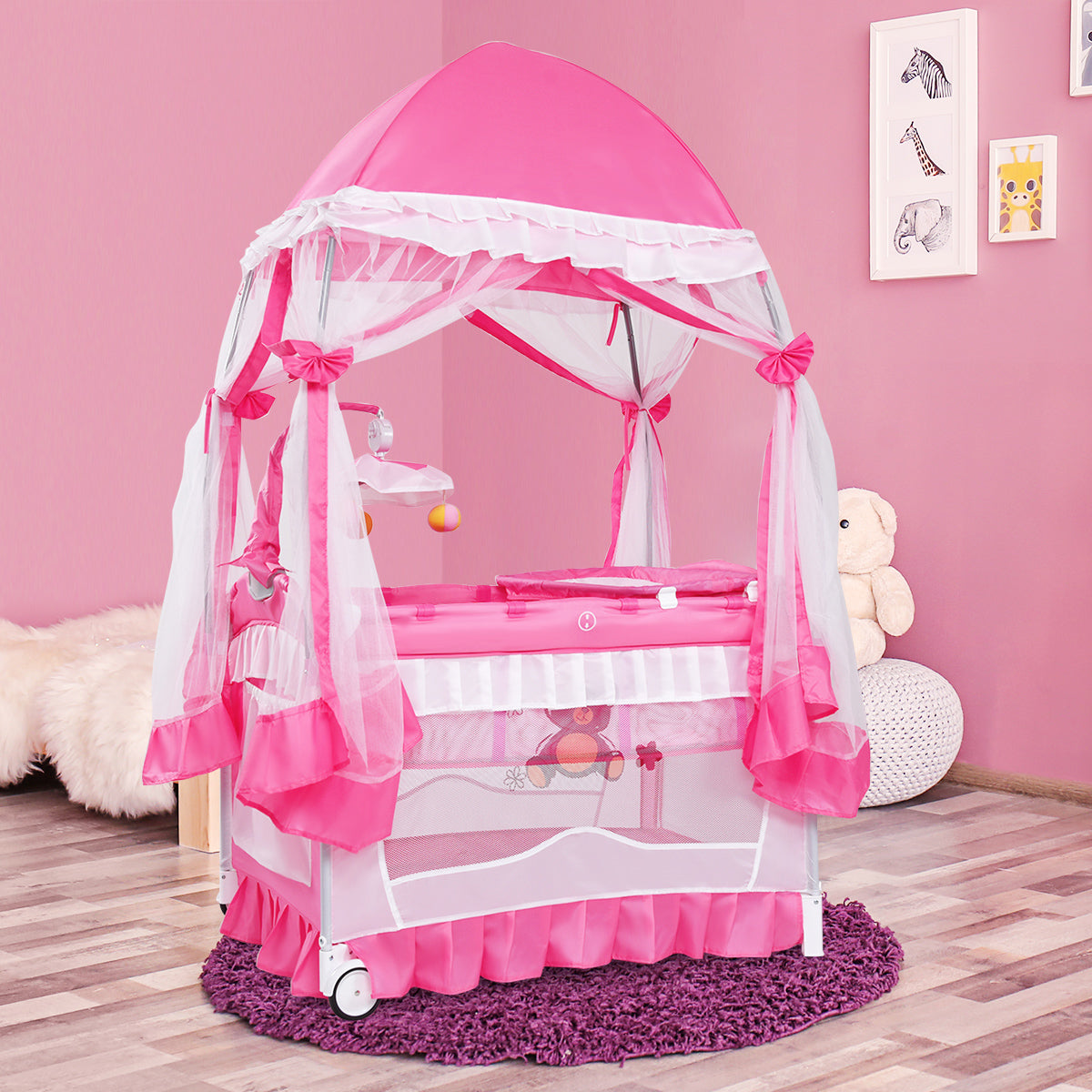 Pink portable baby playpen crib with canopy, white mesh sides, pink ruffle trim by DirectDeals on Tampa Home & Garden Store