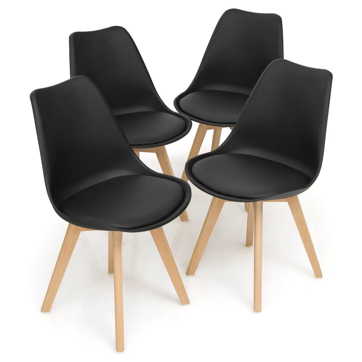 Set of 4 black PU-seat mid-century dining chairs with wood legs on Tampa Home & Garden Store