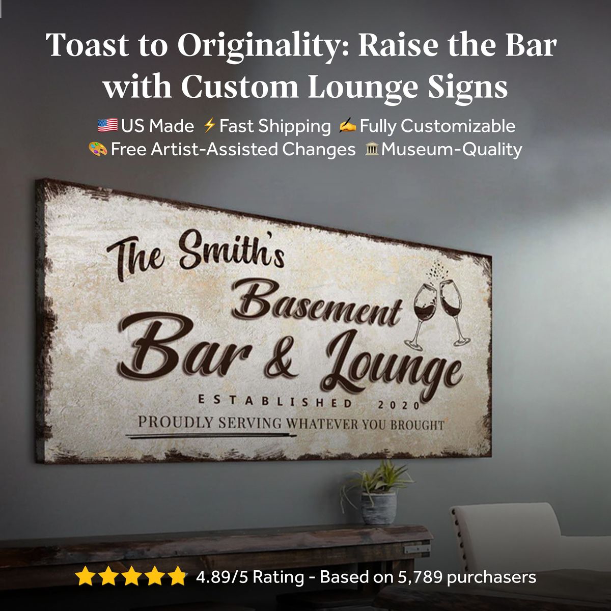Basement Bar & Lounge sign canvas by Tailored Canvases, distressed beige with brown script on Tampa Home & Garden Store