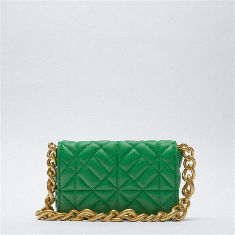 Stevvex green quilted small flap shoulder bag with thick gold chain on Tampa Home & Garden Store