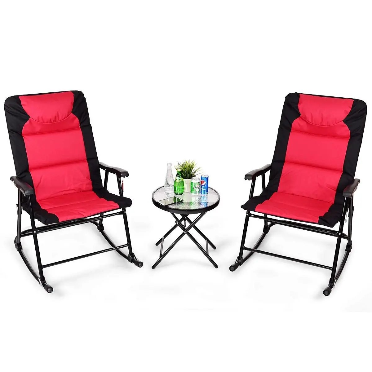 3-piece outdoor folding rocking chair set with glass table, red and black cushions on Tampa Home & Garden Store