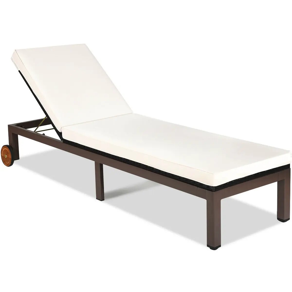 Back Adjustable Cushioned Patio Lounge Chair white cushion brown metal frame sunlounger on Tampa Home & Garden Store