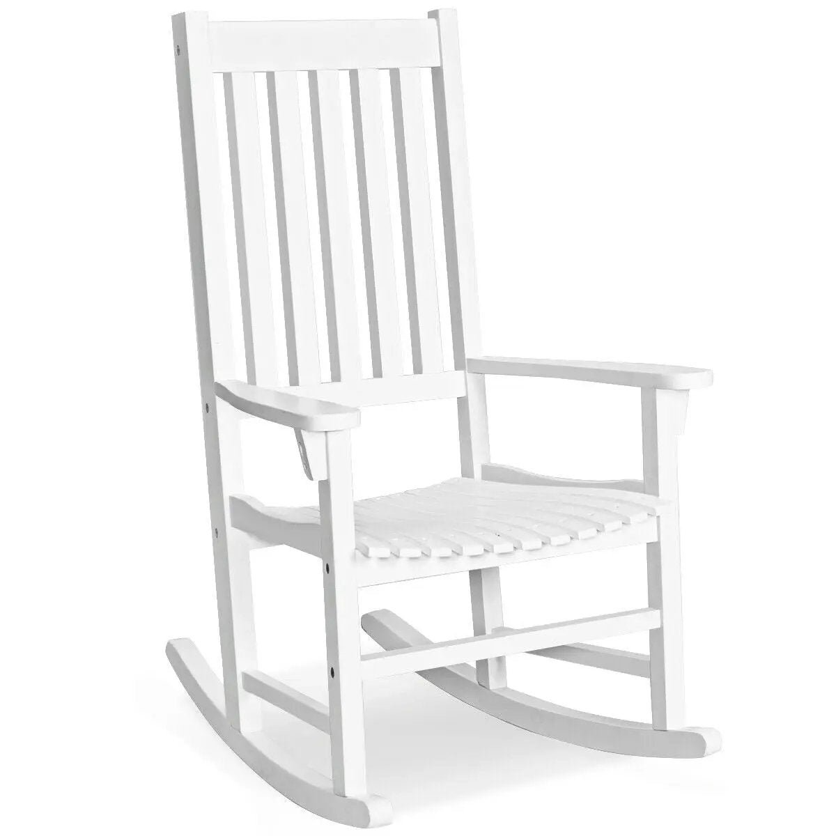 White wooden high-back rocking chair with slatted back for indoor and outdoor use on Tampa Home & Garden Store